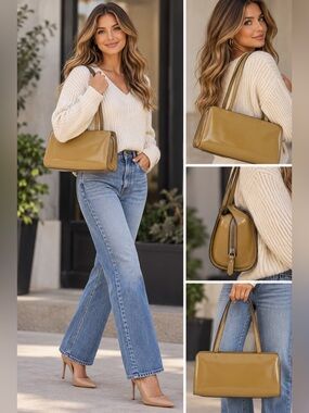 Vintage Tan Patent Shoulder Bag Structured Zip Top Tote Handbag